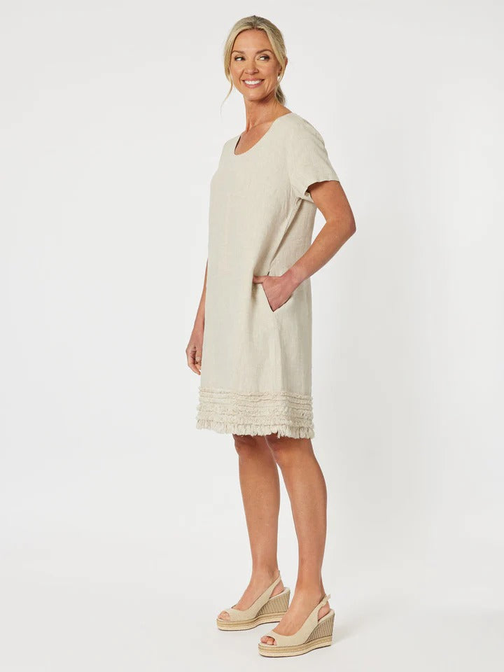 Ruffle Hem Linen Dress Natural