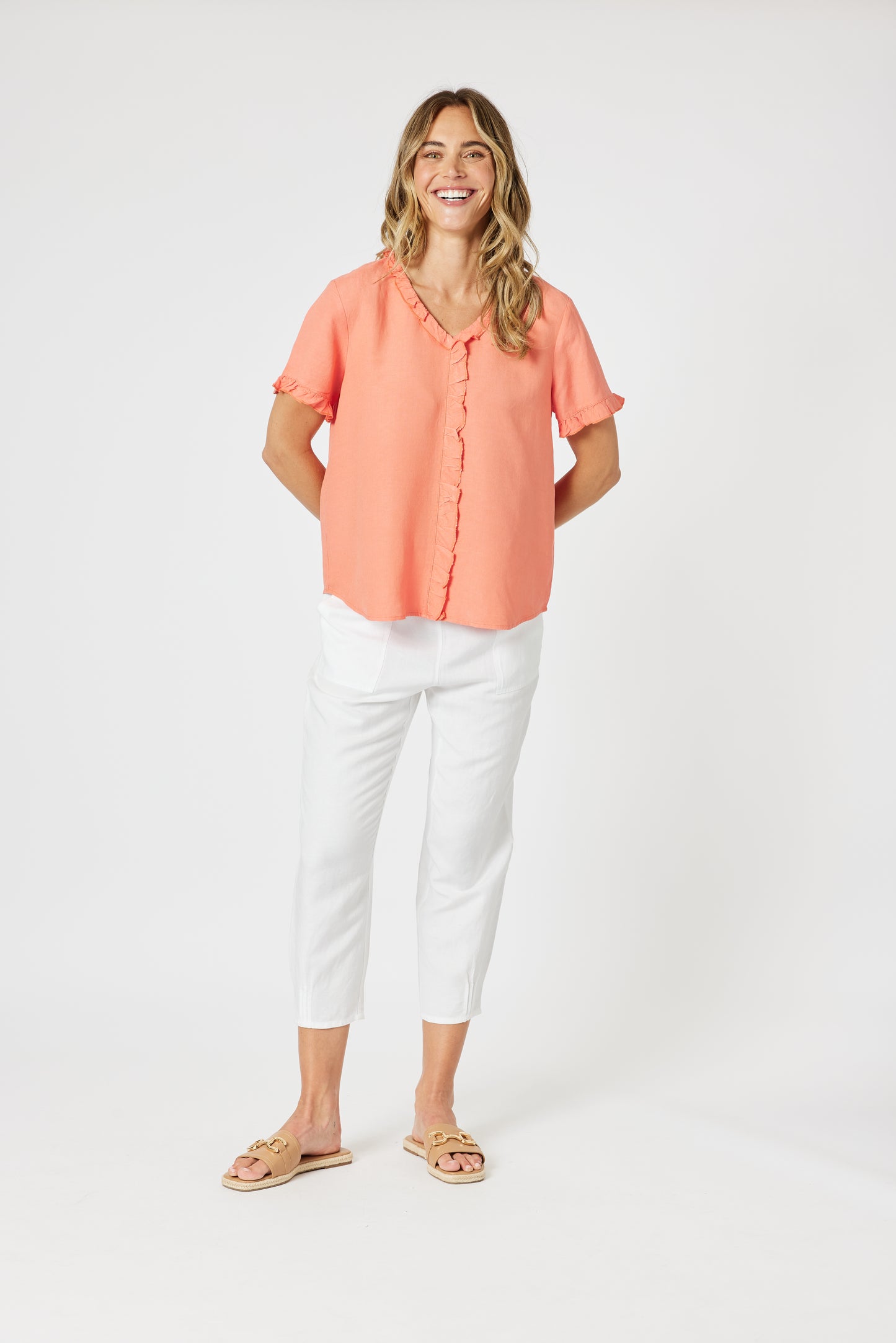 Lino Tiffany Ruffle Linen Top Papaya