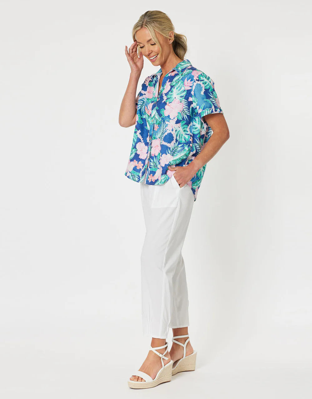 Sarah Ribbed Waist Linen Pant White