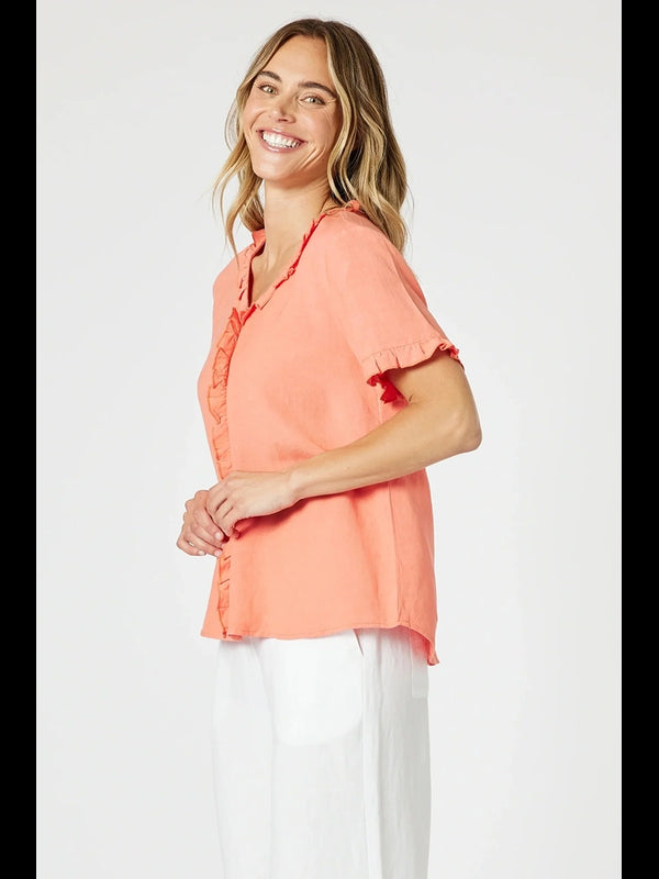 Lino Tiffany Ruffle Linen Top Papaya
