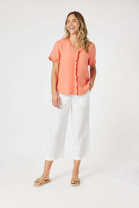 Lino Tiffany Ruffle Linen Top Papaya