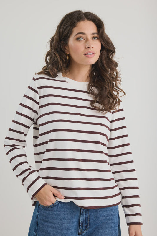 Tether Chocolate White Stripe LS Boxy Tee / Chocolate White