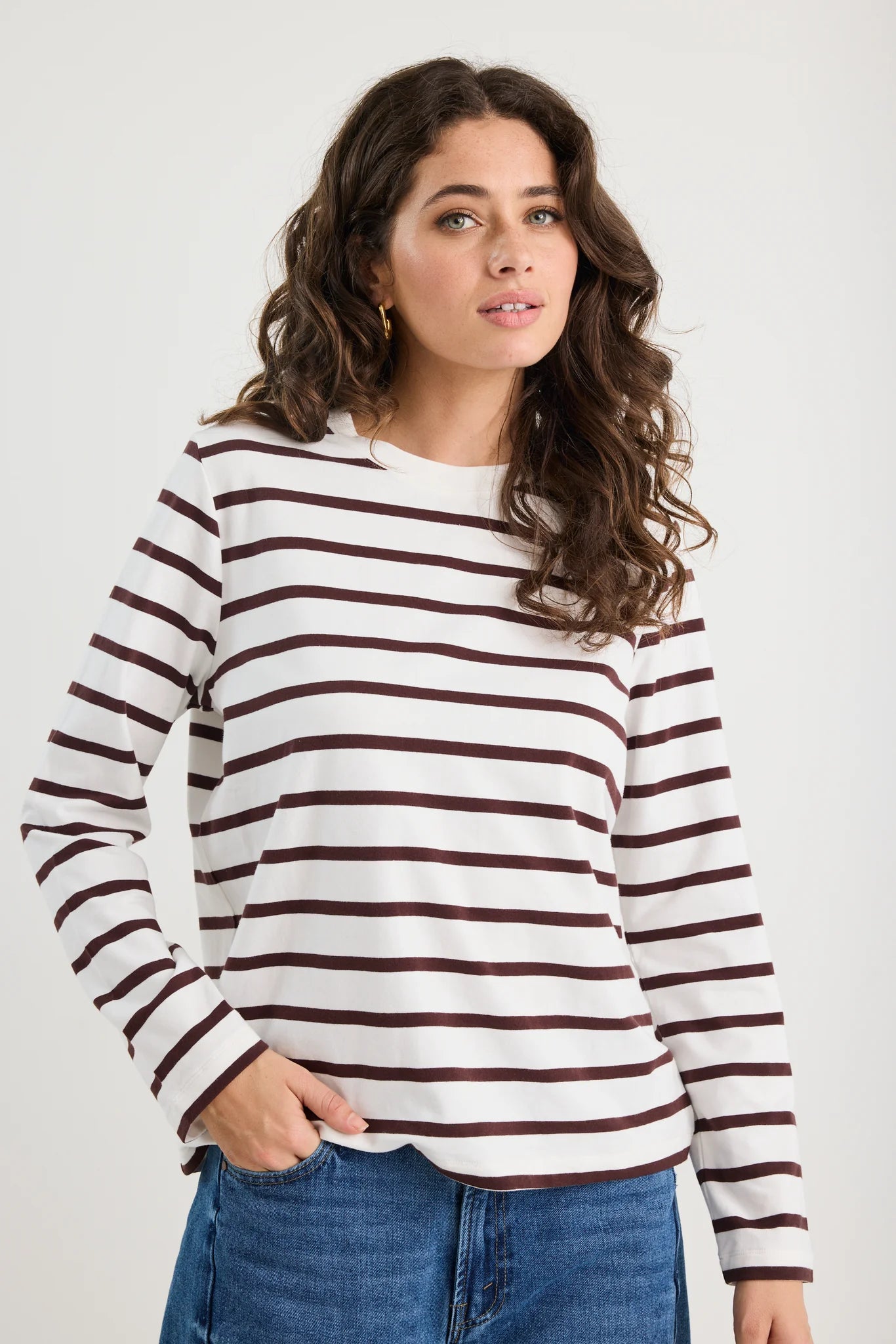 Tether Chocolate White Stripe LS Boxy Tee / Chocolate White
