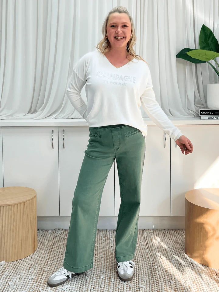 Maddy Pull On Wide Leg Jean Khaki