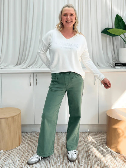 Maddy Pull On Wide Leg Jean Khaki